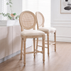 French Country 26'' Height Bar Chairs Set of 2, Upholstered Chairs with Rattan Round Back, Wire drawing and carving techniques, for Living Room