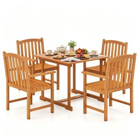 5-Piece Acacia Wood Patio Dining Set, 4-Person Outdoor Square Table & Armchair Set with Umbrella Hole