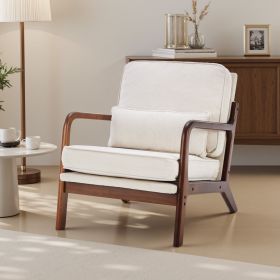 Modern Accent Lounge Chair with Armrests and Cushion, Wooden Frame Reading Chair for Living Room or Bedroom, Beige