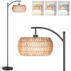 63'' Dimmable Arc Rattan Floor Lamp, Black Standing Lamp with Rattan Fabric Double Drum Shade, Boho Farmhouse Tall Lamp for Living Room