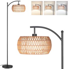 63'' Dimmable Arc Rattan Floor Lamp, Black Standing Lamp with Rattan Fabric Double Drum Shade, Boho Farmhouse Tall Lamp for Living Room