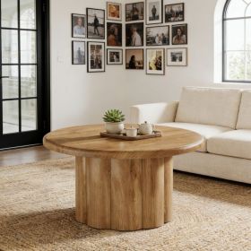 Modern Farmhouse Round Coffee Table Fluted Drum Base Cocktail Table for Living Room