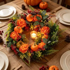 Halloween Artificial Autumn Wreath with Mini Pumpkin Red Berries and Mixed Leaves, 17.71 Inch PE Fall Front Door Wreath, Indoor Outdoor Hanging Deco