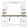 Farmhouse Arched Computer Desk with Hutch, Mid-Century Walnut Home Office Workstation with Charging Station & Keyboard Tray