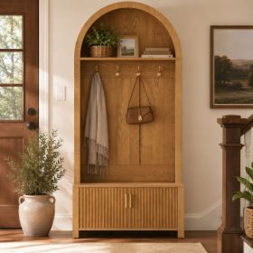Arched Top Hall Tree with Bench and Shoe Storage,mudroom bench with storage,70.3"Arch Coat Rack with 4 Metal Hooks and 2 Fluted Doors