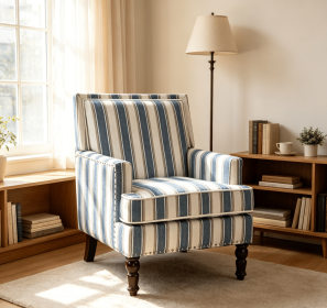 Upholstered Accent Chair, Vintage Armchair with Blue and White Striped Linen Fabric and Nailhead Trim for Living Room