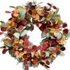 Artificial autumn wreath, decorated with lamb's ear leaves, eucalyptus leaves, and berries, suitable for indoor and outdoor farmhouse-style home wall
