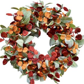 Artificial autumn wreath, decorated with lamb's ear leaves, eucalyptus leaves, and berries, suitable for indoor and outdoor farmhouse-style home wall