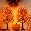 2 Pack 24 Inch Prelit Fall Maple Tree Decorations with 48 LEDs Timer Fall Battery Operated Light Up Artificial Pumpkin Acorn Lighted Maple Tree for Th