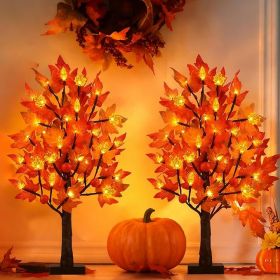 2 Pack 24 Inch Prelit Fall Maple Tree Decorations with 48 LEDs Timer Fall Battery Operated Light Up Artificial Pumpkin Acorn Lighted Maple Tree for Th