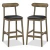 2 PCS Farmhouse Bar Stools 29.5" Seat Height, Rubber Wood Frame Faux Leather Bar Chairs, Oak+Black
