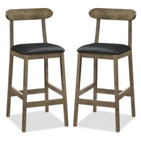 2 PCS Farmhouse Bar Stools 29.5" Seat Height, Rubber Wood Frame Faux Leather Bar Chairs, Oak+Black