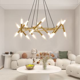 41" Golden Modern Chandelier Light Fixture, Branch Design with Frosted Tubes, Black Cords, Adjustable Height Pendant Light for Dining Room