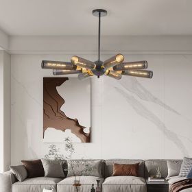 34" Modern Industrial Sputnik Chandelier, 8-Light Black and Gold Metal Pendant Light with Mesh Shades, E26 Base, Adjustable Height for Dining Room