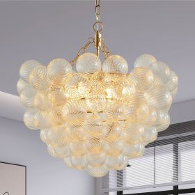 23.6-Inch Gold Pendant Light Chandelier with Threaded Clear Glass Globe Shade â€“ Adjustable Height, Ideal for Living Room, Dining Room