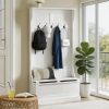 Milk white entrance bench with clothes hanger, bench and shoe cabinet, 5 hooks