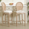 French Country 26'' Height Bar Chairs Set of 2, Upholstered Chairs with Rattan Round Back, Wire drawing and carving techniques, for Living Room