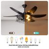 52" Modern Black Ceiling Fan with Light, 6 Fan Blades and Industrial Cage Design, Adjustable Speed for Living Room, Bedroom