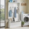 Milk white entrance bench with clothes hanger, bench and shoe cabinet, 5 hooks