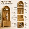 Arched Top Hall Tree with Bench and Shoe Storage,mudroom bench with storage,70.3"Arch Coat Rack with 4 Metal Hooks and 2 Fluted Doors