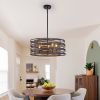 20" Rustic Industrial Pendant Light, 5-Light Black and Walnut Metal Cage Chandelier with Wood Accents for Kitchen Island and Dining Room (No Bulbs)