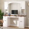 Farmhouse Arched Computer Desk with Hutch, Mid-Century Walnut Home Office Workstation with Charging Station & Keyboard Tray