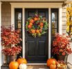 Halloween Artificial Autumn Wreath with Mini Pumpkin Red Berries and Mixed Leaves, 17.71 Inch PE Fall Front Door Wreath, Indoor Outdoor Hanging Deco
