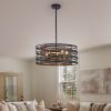 20" Rustic Industrial Pendant Light, 5-Light Black and Walnut Metal Cage Chandelier with Wood Accents for Kitchen Island and Dining Room (No Bulbs)