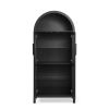 A high arched storage cabinet with a lamp, a modern retro-style wooden storage cabinet with adjustable glass partitions