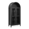 A high arched storage cabinet with a lamp, a modern retro-style wooden storage cabinet with adjustable glass partitions